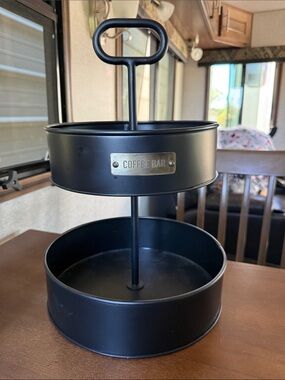 Kirklands Two-Tier Metal Serving Stand - Black with Gold Plaque